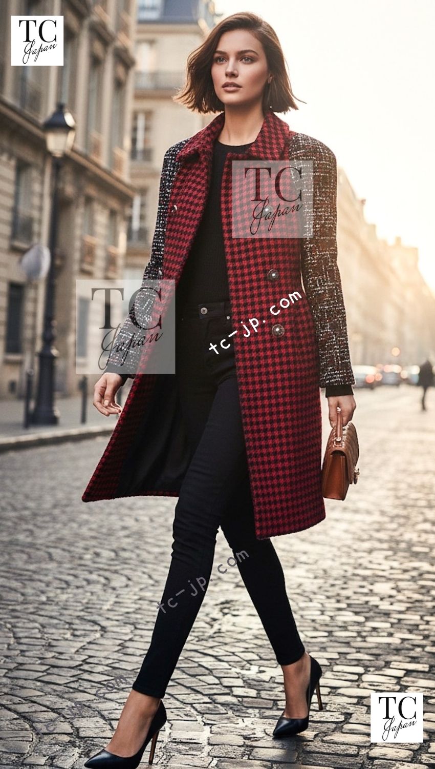 CHANEL 17A Red Black Double Wool Tweed Coat 36 38 シャネル レッド ブラック ダブル ウール ツイード コート 即発 - TC JAPAN