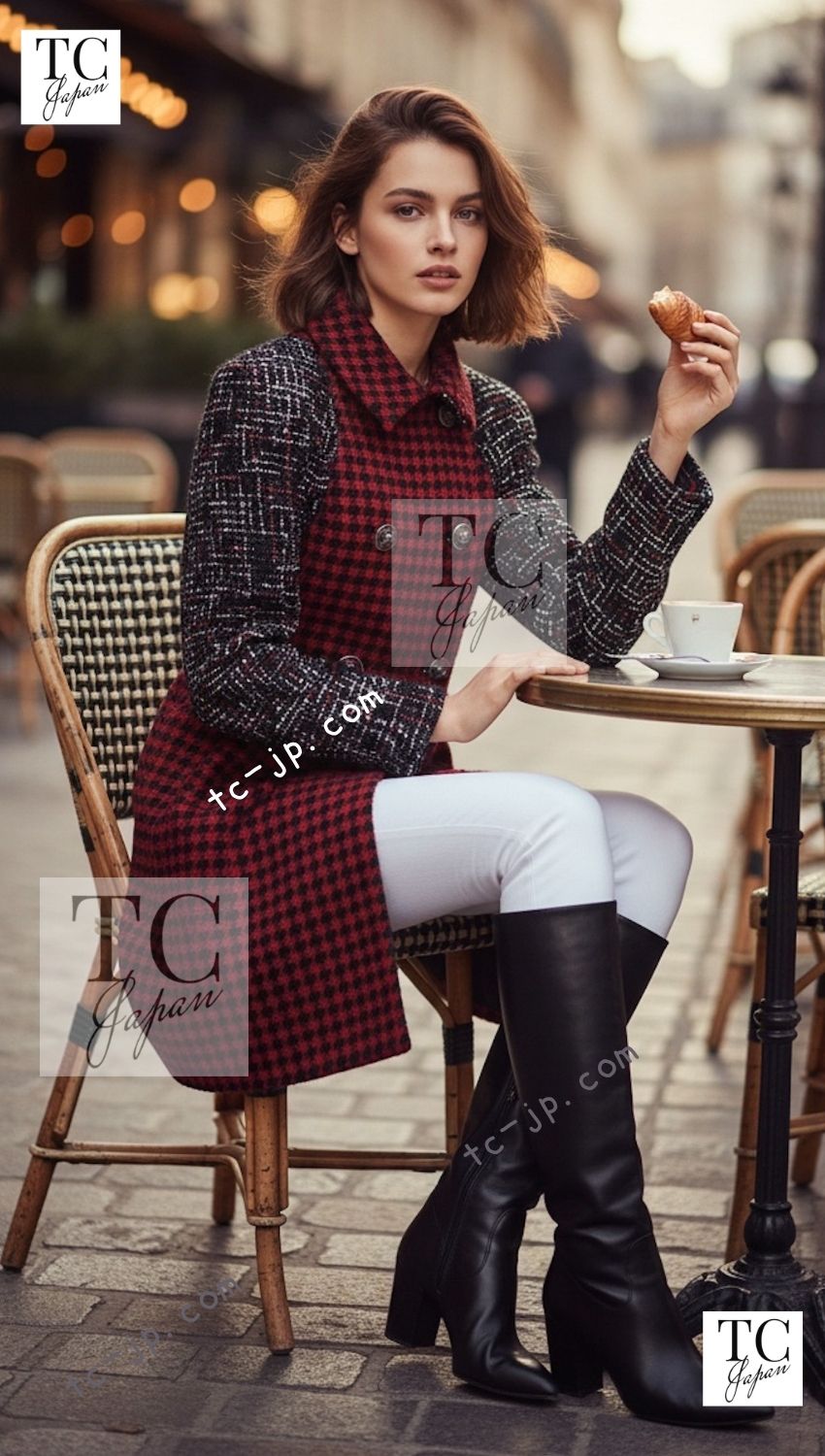 CHANEL 17A Red Black Double Wool Tweed Coat 36 38 シャネル レッド ブラック ダブル ウール ツイード コート 即発 - TC JAPAN