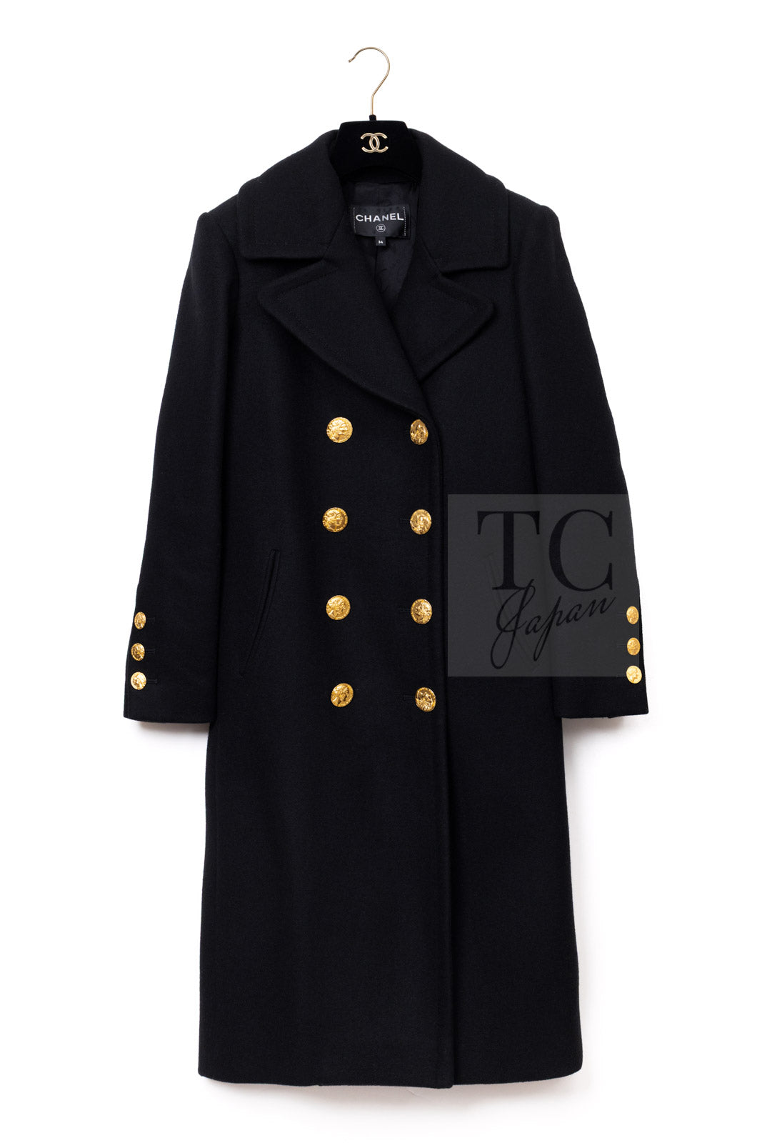 CHANEL 16PF Black Cashmere Gold Logo Button Double Long Coat 34 36 シャネル ブラック カシミア ゴールド ロゴ ボタン ダブル ピー ロング コート 即発