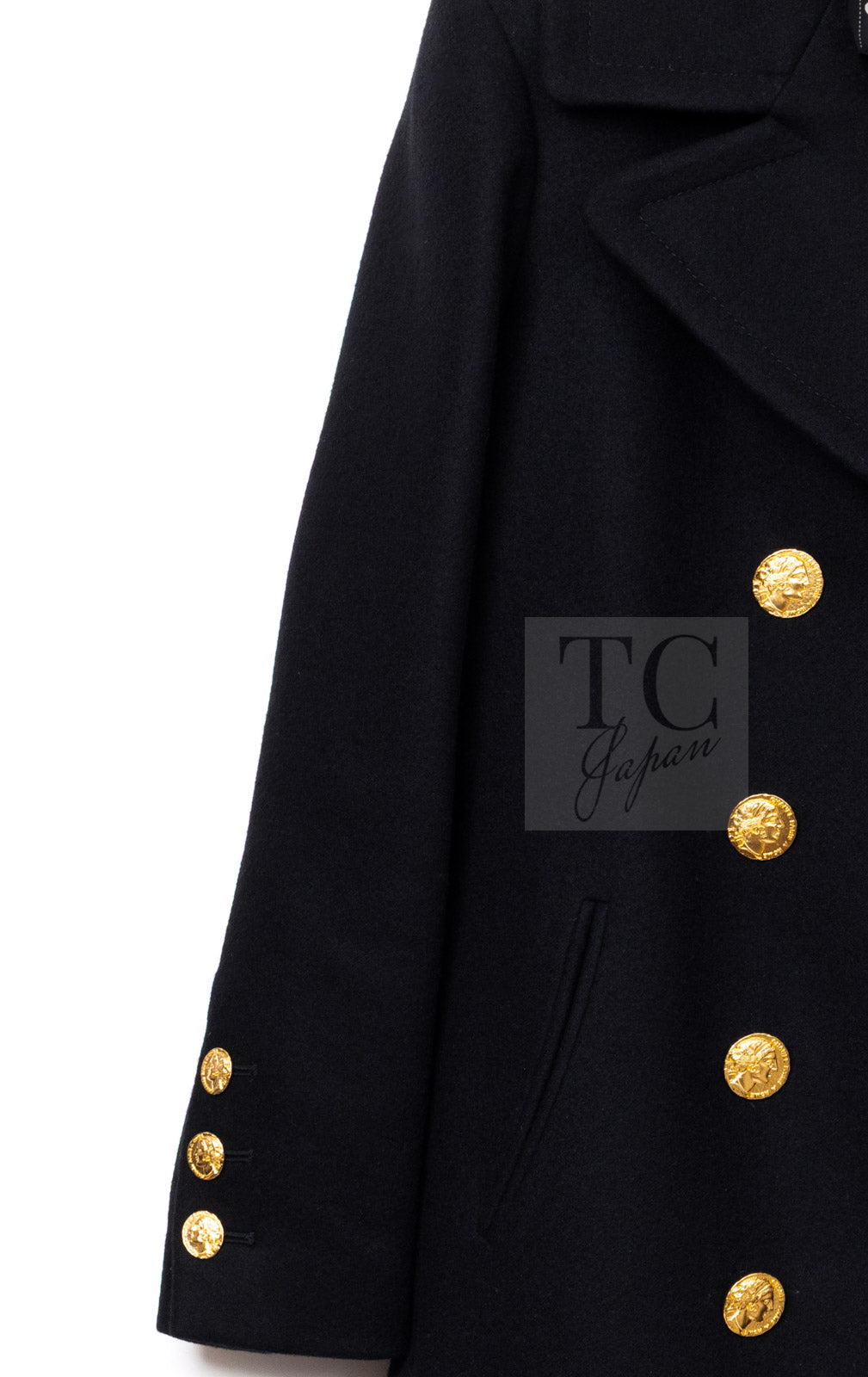 CHANEL 16PF Black Cashmere Gold Logo Button Double Long Coat 34 36 シャネル ブラック カシミア ゴールド ロゴ ボタン ダブル ピー ロング コート 即発