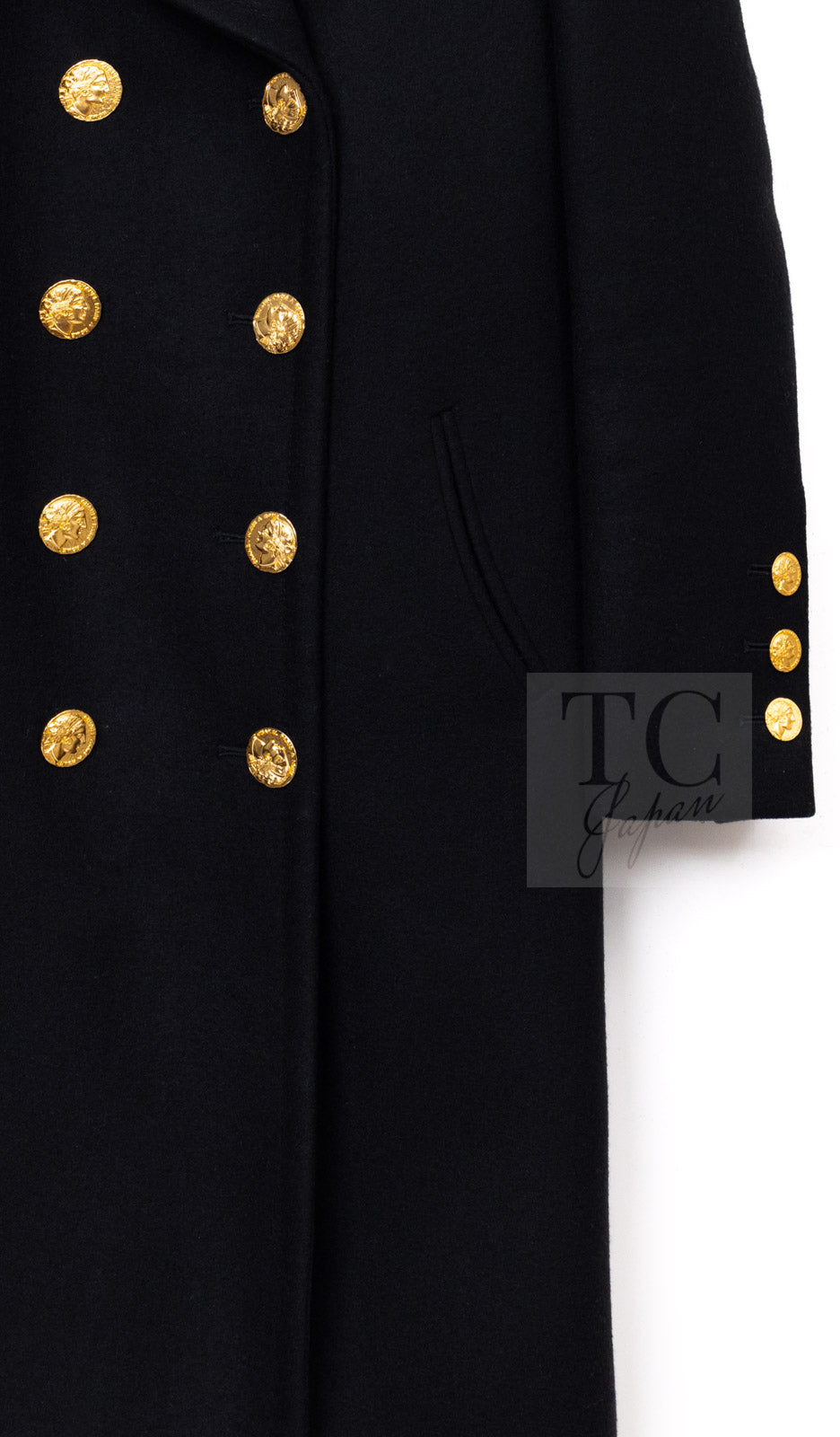CHANEL 16PF Black Cashmere Gold Logo Button Double Long Coat 34 36 シャネル ブラック カシミア ゴールド ロゴ ボタン ダブル ピー ロング コート 即発