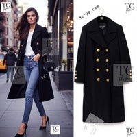 CHANEL 16PF Black Cashmere Gold Logo Button Double Long Coat 34 36 シャネル ブラック カシミア ゴールド ロゴ ボタン ダブル ピー ロング コート 即発