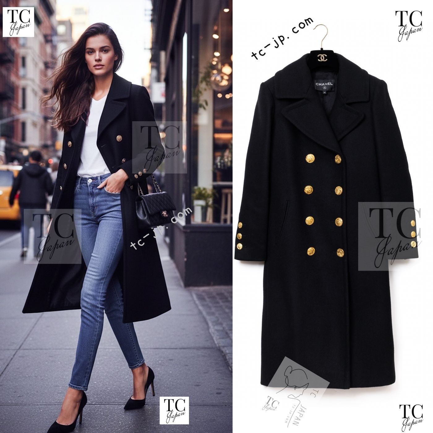 CHANEL 16PF Black Cashmere Gold Logo Button Double Long Coat 34 36 シャネル ブラック カシミア ゴールド ロゴ ボタン ダブル ピー ロング コート 即発