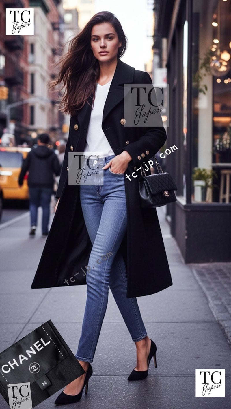 CHANEL 16PF Black Cashmere Gold Logo Button Double Long Coat 34 36 シャネル ブラック カシミア ゴールド ロゴ ボタン ダブル ピー ロング コート 即発
