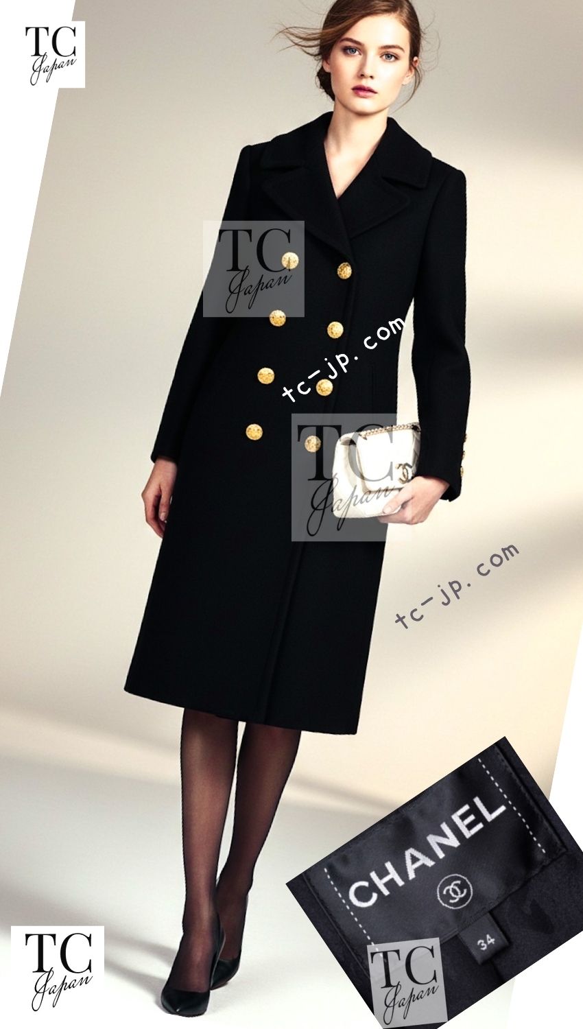 CHANEL 16PF Black Cashmere Gold Logo Button Double Long Coat 34 36 シャネル ブラック カシミア ゴールド ロゴ ボタン ダブル ピー ロング コート 即発