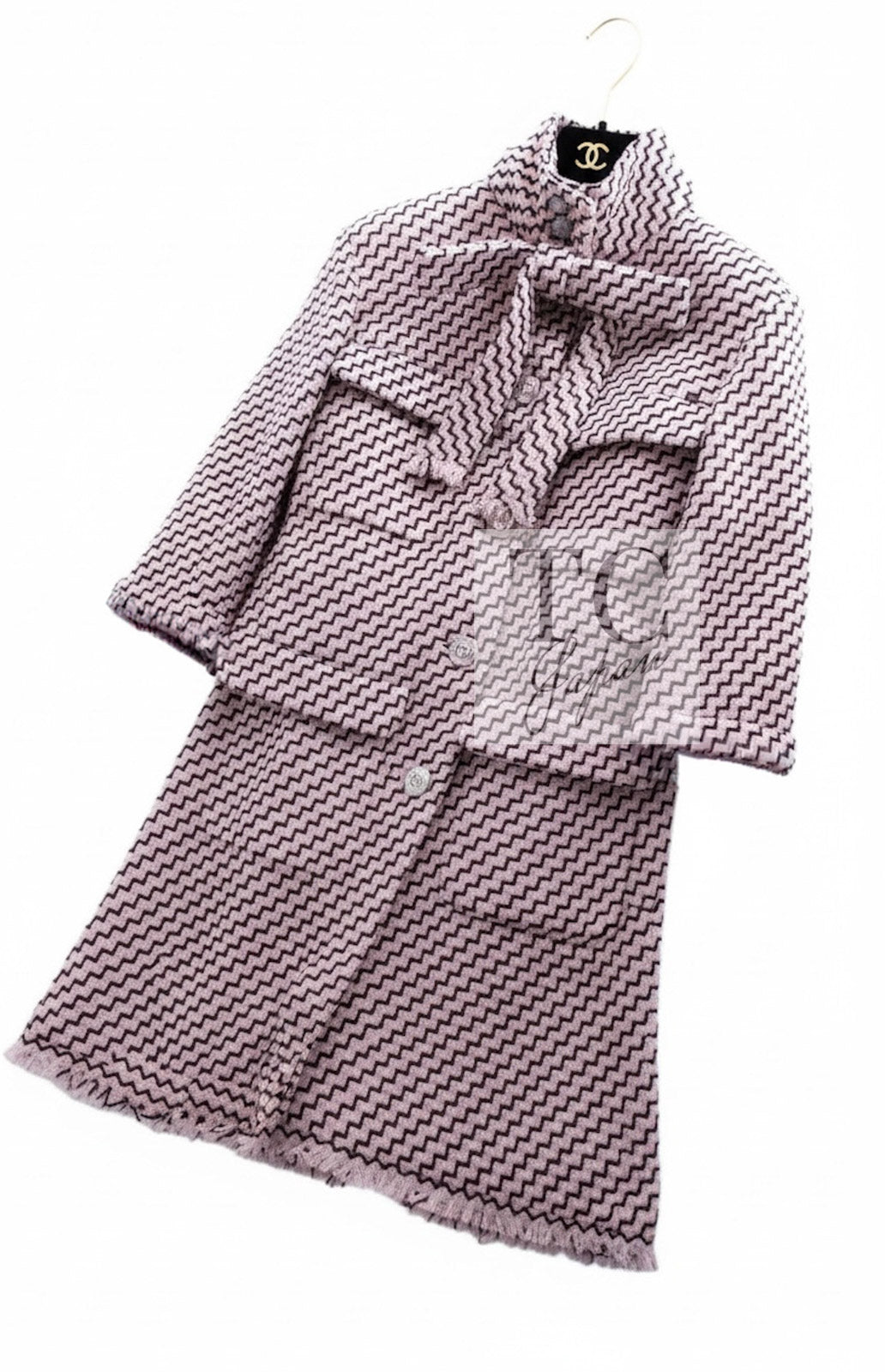 CHANEL 16PF Mauve Pink Black Ribbon Wool Tweed Coat 36 シャネル モーブピンク ブラック リボン ウール ツイード コート 即発