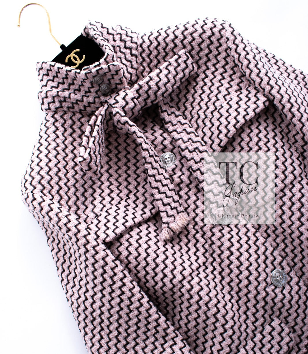 CHANEL 16PF Mauve Pink Black Ribbon Wool Tweed Coat 36 シャネル モーブピンク ブラック リボン ウール ツイード コート 即発