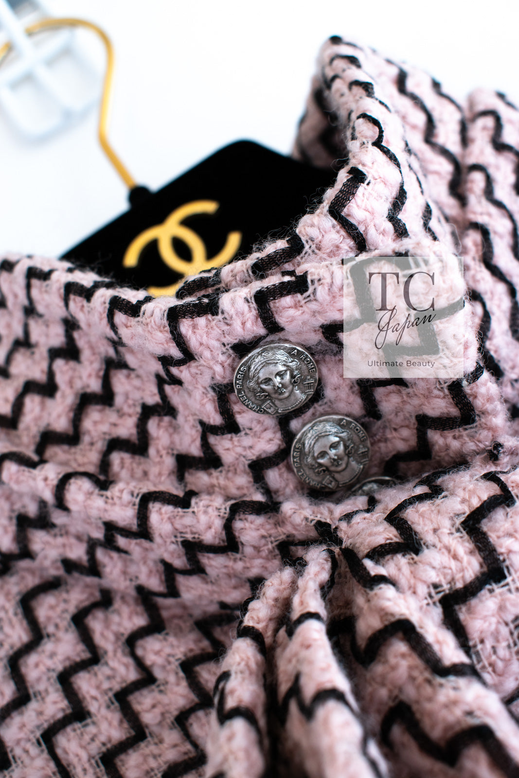 CHANEL 16PF Mauve Pink Black Ribbon Wool Tweed Coat 36 シャネル モーブピンク ブラック リボン ウール ツイード コート 即発