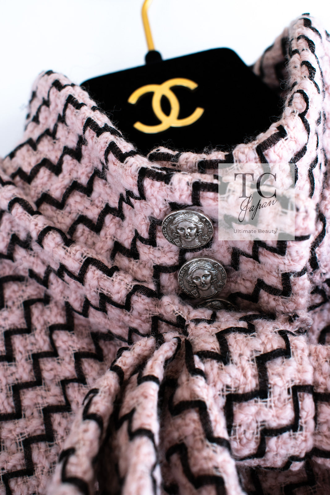 CHANEL 16PF Mauve Pink Black Ribbon Wool Tweed Coat 36 シャネル モーブピンク ブラック リボン ウール ツイード コート 即発