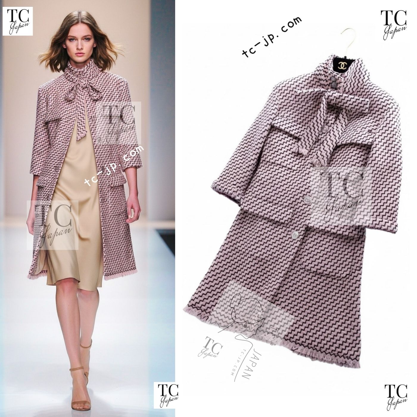 CHANEL 16PF Mauve Pink Black Ribbon Wool Tweed Coat 36 シャネル モーブピンク ブラック リボン ウール ツイード コート 即発