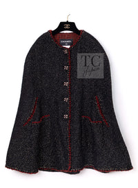 CHANEL Cape Coat Black Red Trim Metallic Tweed Poncho 38 シャネル ケープ コート ブラック レッド トリム メタリック ツイード ポンチョ