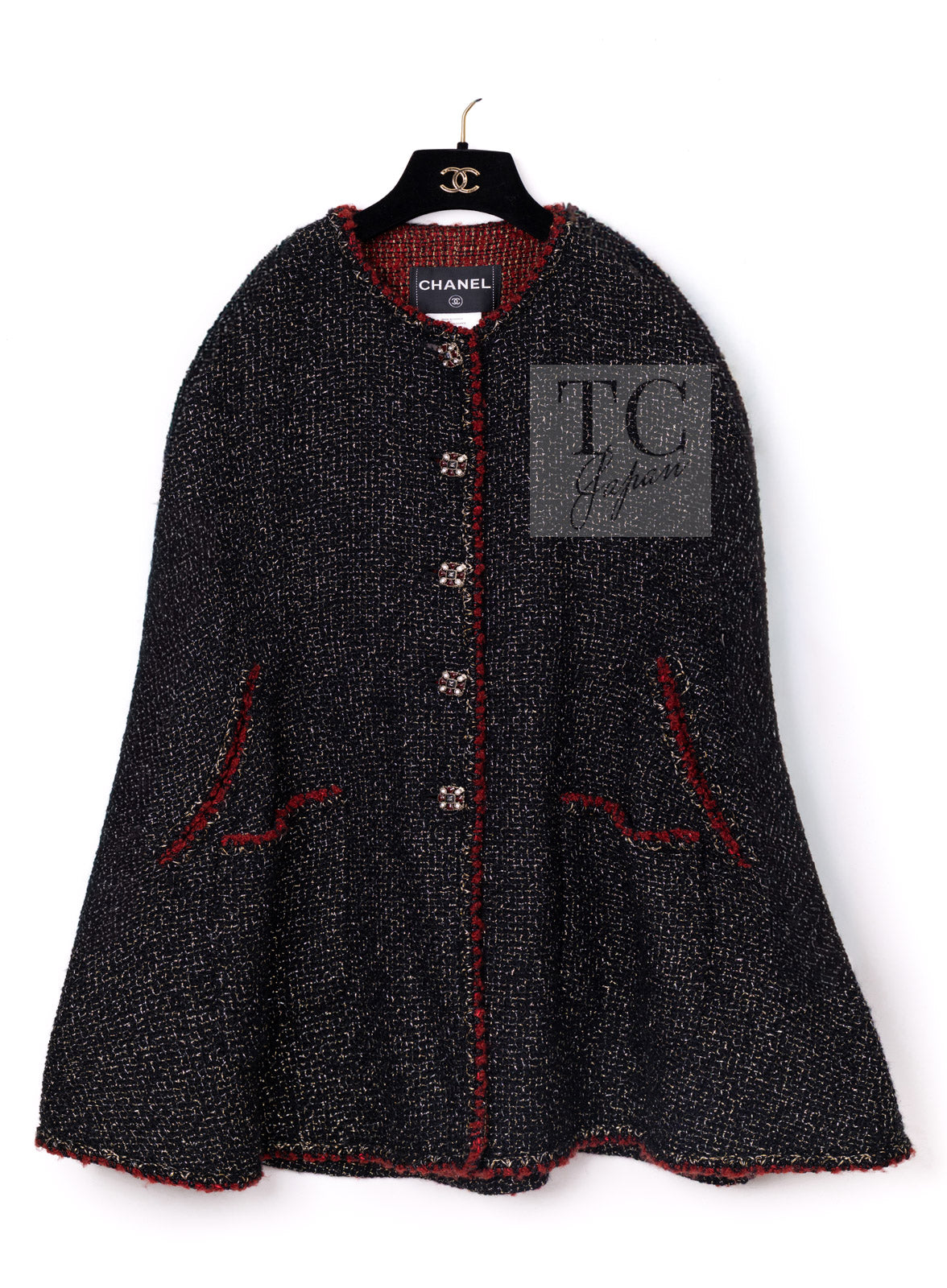 CHANEL Cape Coat Black Red Trim Metallic Tweed Poncho 38 シャネル ケープ コート ブラック レッド トリム メタリック ツイード ポンチョ