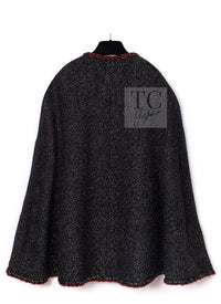 CHANEL Cape Coat Black Red Trim Metallic Tweed Poncho 38 シャネル ケープ コート ブラック レッド トリム メタリック ツイード ポンチョ