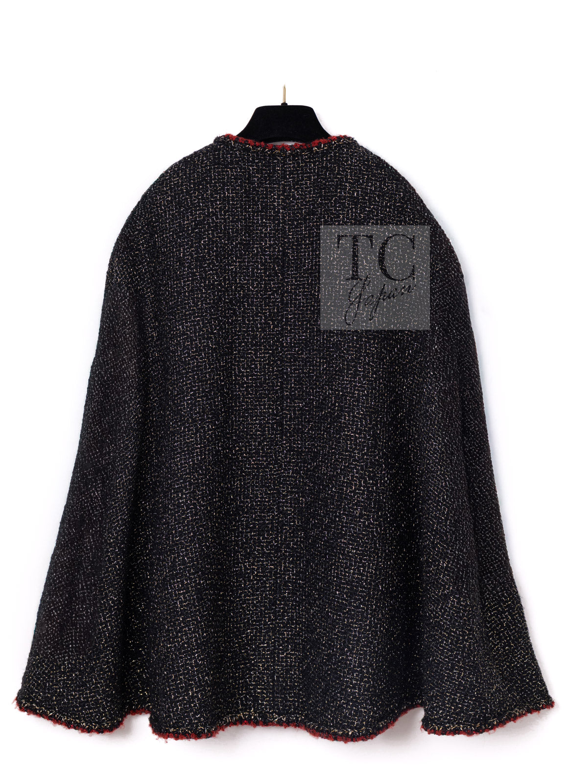 CHANEL Cape Coat Black Red Trim Metallic Tweed Poncho 38 シャネル ケープ コート ブラック レッド トリム メタリック ツイード ポンチョ