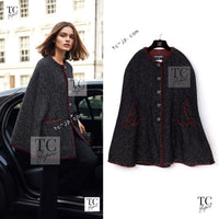 CHANEL Cape Coat Black Red Trim Metallic Tweed Poncho 38 シャネル ケープ コート ブラック レッド トリム メタリック ツイード ポンチョ