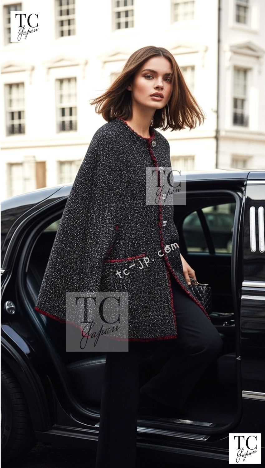 CHANEL Cape Coat Black Red Trim Metallic Tweed Poncho 38