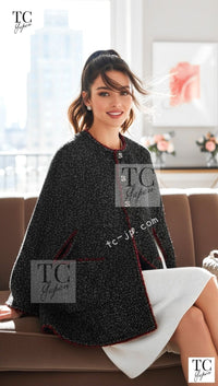 CHANEL Cape Coat Black Red Trim Metallic Tweed Poncho 38