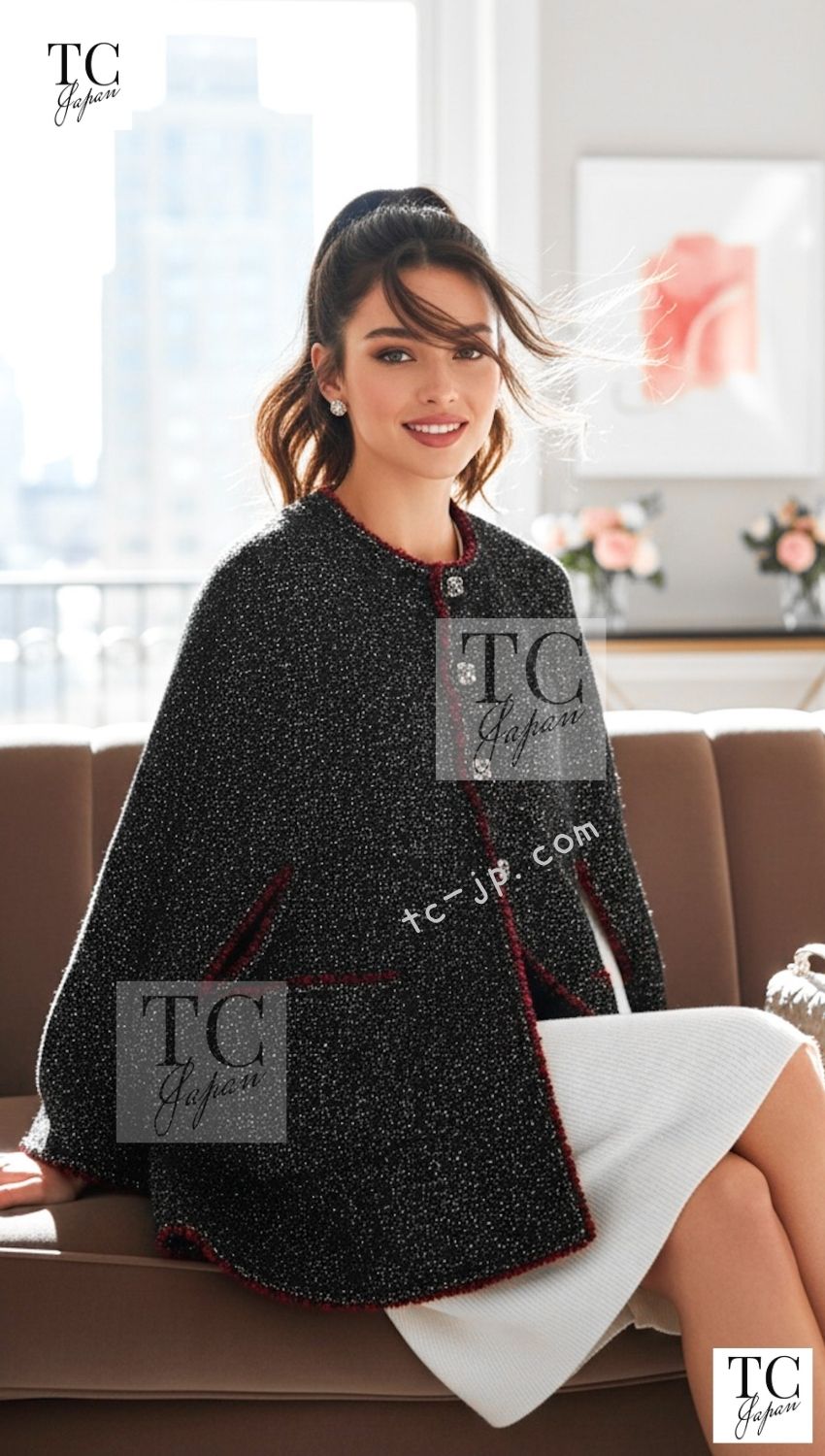 CHANEL Cape Coat Black Red Trim Metallic Tweed Poncho 38