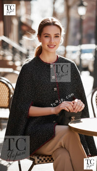 CHANEL Cape Coat Black Red Trim Metallic Tweed Poncho 38