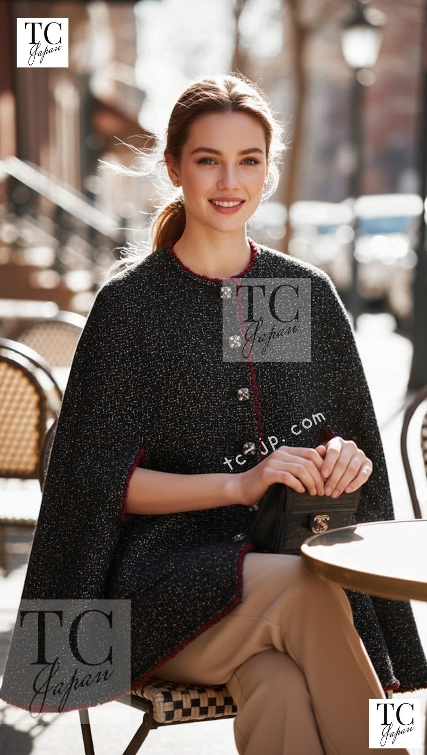 CHANEL Cape Coat Black Red Trim Metallic Tweed Poncho 38