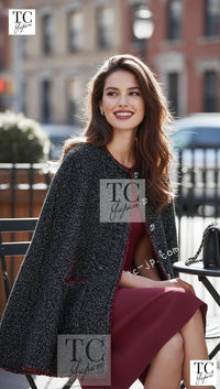 CHANEL Cape Coat Black Red Trim Metallic Tweed Poncho 38