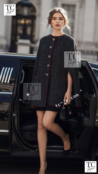 CHANEL Cape Coat Black Red Trim Metallic Tweed Poncho 38 シャネル ケープ コート ブラック レッド トリム メタリック ツイード ポンチョ