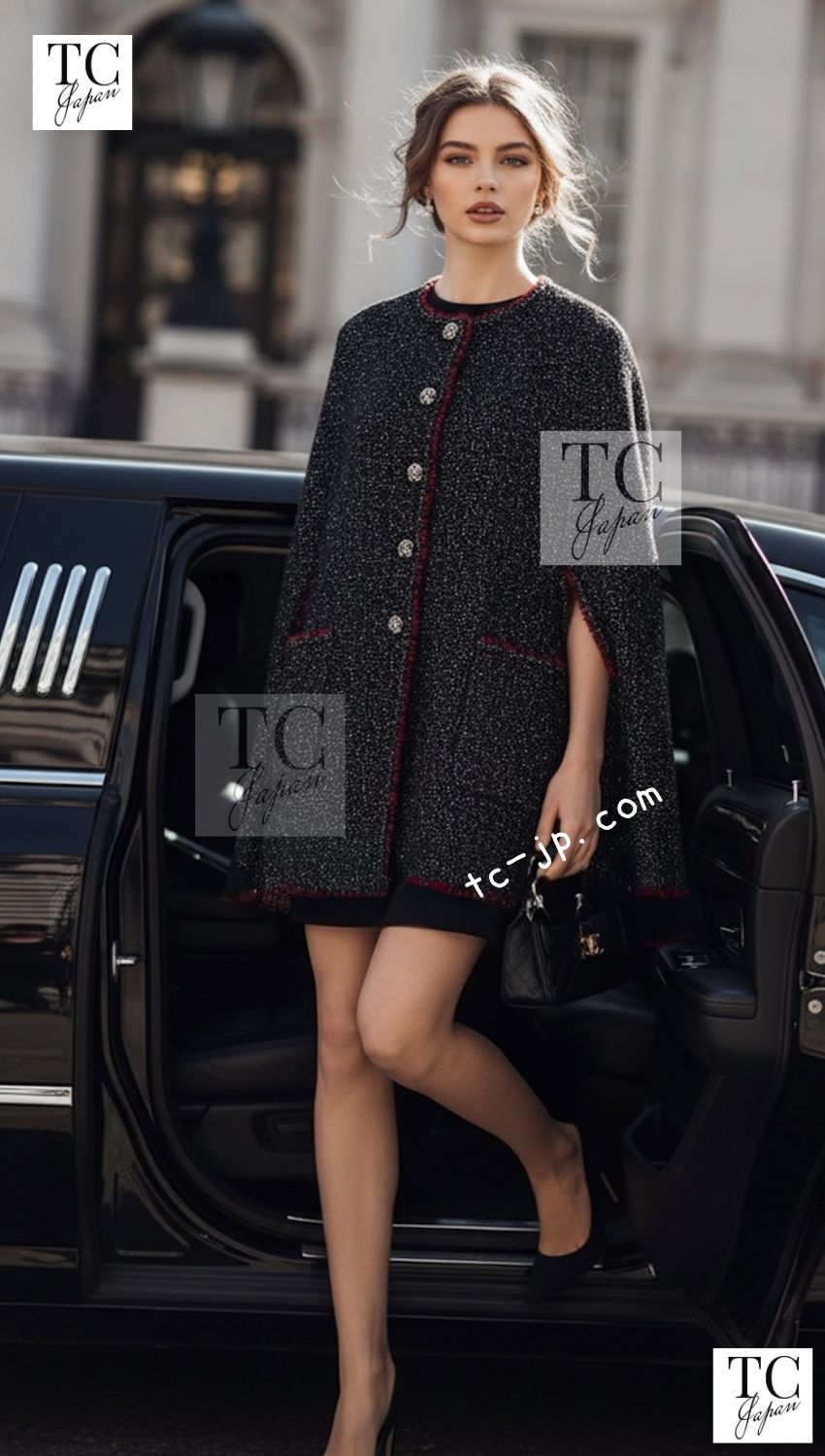 CHANEL Cape Coat Black Red Trim Metallic Tweed Poncho 38 シャネル ケープ コート ブラック レッド トリム メタリック ツイード ポンチョ
