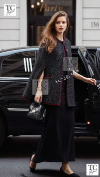 CHANEL Cape Coat Black Red Trim Metallic Tweed Poncho 38 シャネル ケープ コート ブラック レッド トリム メタリック ツイード ポンチョ