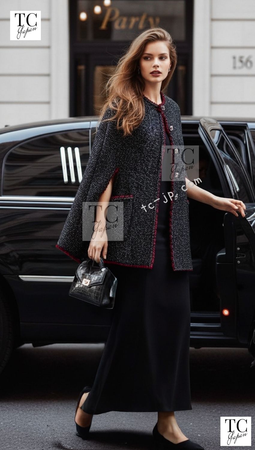 CHANEL Cape Coat Black Red Trim Metallic Tweed Poncho 38 シャネル ケープ コート ブラック レッド トリム メタリック ツイード ポンチョ