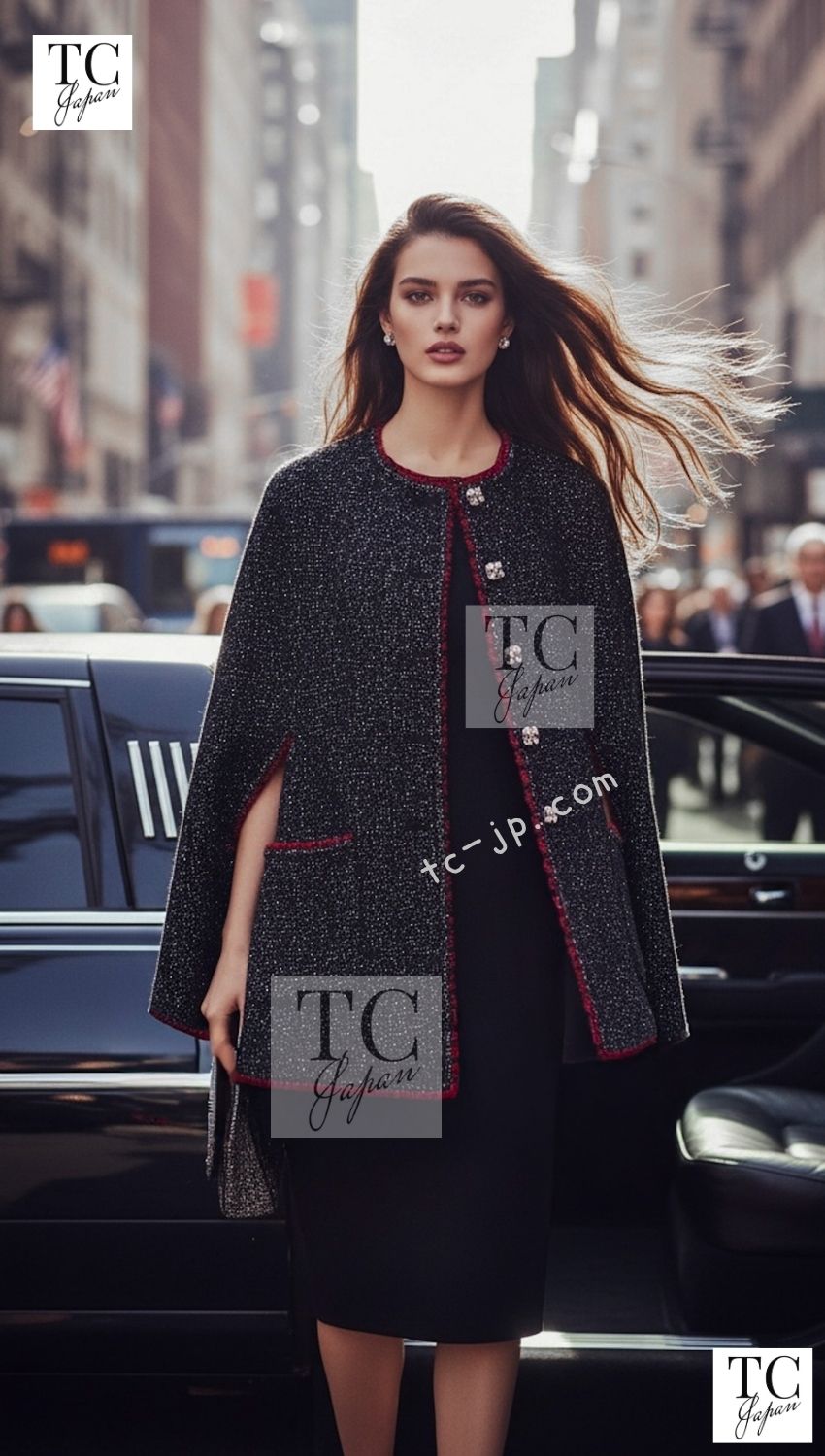 CHANEL Cape Coat Black Red Trim Metallic Tweed Poncho 38 シャネル ケープ コート ブラック レッド トリム メタリック ツイード ポンチョ