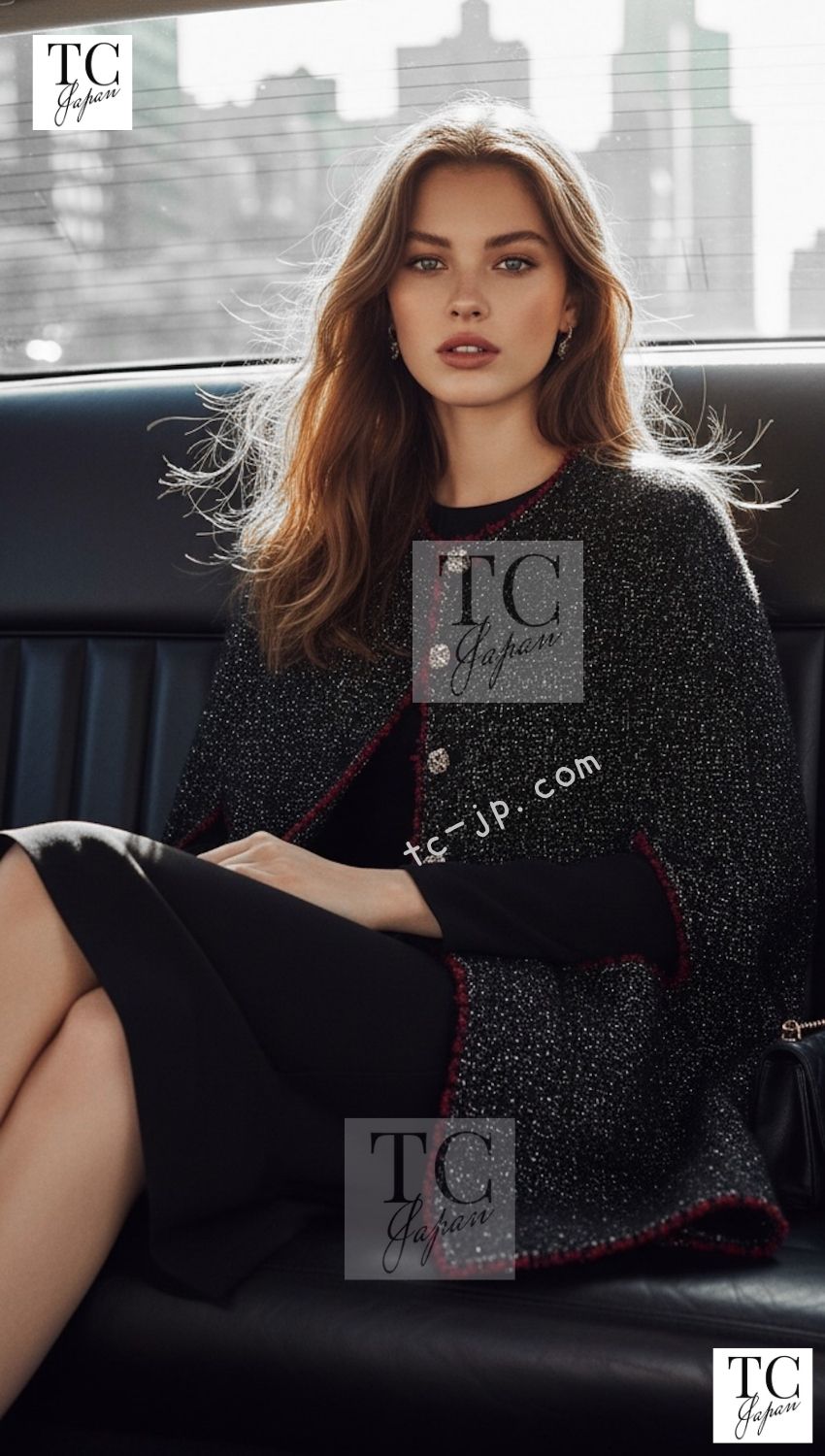 CHANEL Cape Coat Black Red Trim Metallic Tweed Poncho 38 シャネル ケープ コート ブラック レッド トリム メタリック ツイード ポンチョ