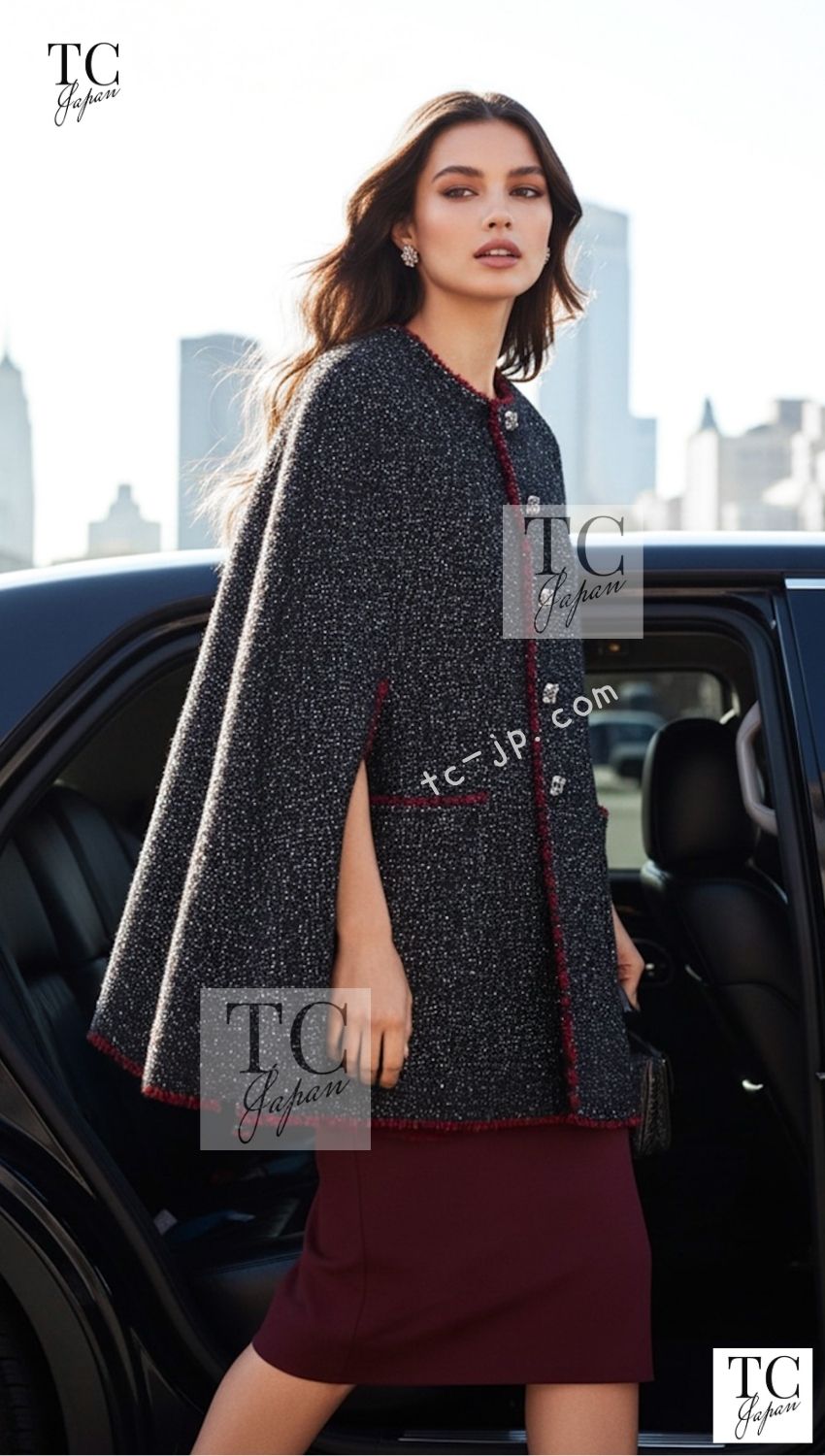 CHANEL Cape Coat Black Red Trim Metallic Tweed Poncho 38 シャネル ケープ コート ブラック レッド トリム メタリック ツイード ポンチョ