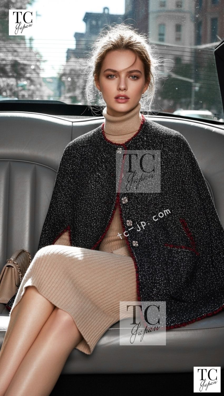CHANEL Cape Coat Black Red Trim Metallic Tweed Poncho 38 シャネル ケープ コート ブラック レッド トリム メタリック ツイード ポンチョ
