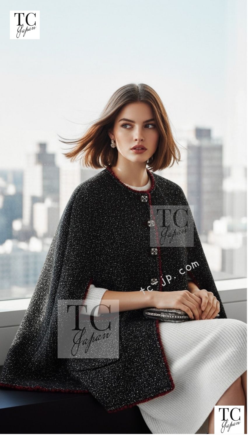 CHANEL Cape Coat Black Red Trim Metallic Tweed Poncho 38