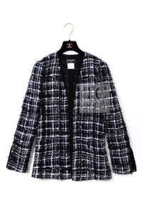 CHANEL 04A Navy Ivory Beige Sequin Tweed Jacket Coat 38 | HK