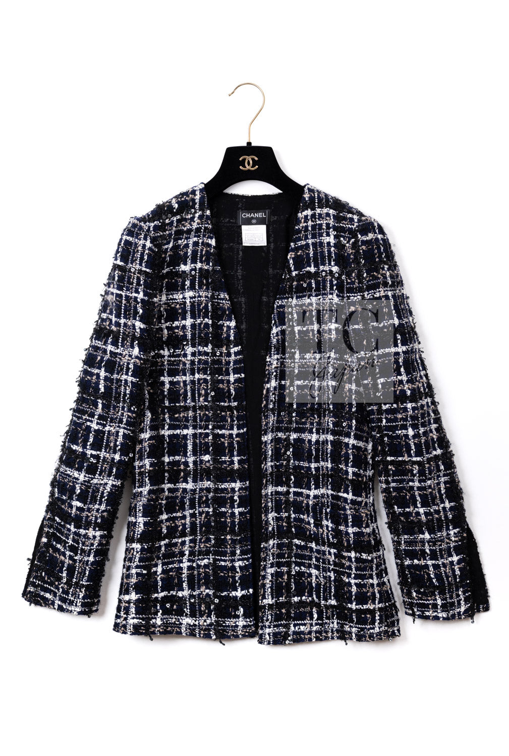 CHANEL 04A Navy Ivory Beige Sequin Tweed Jacket Coat 38 | HK