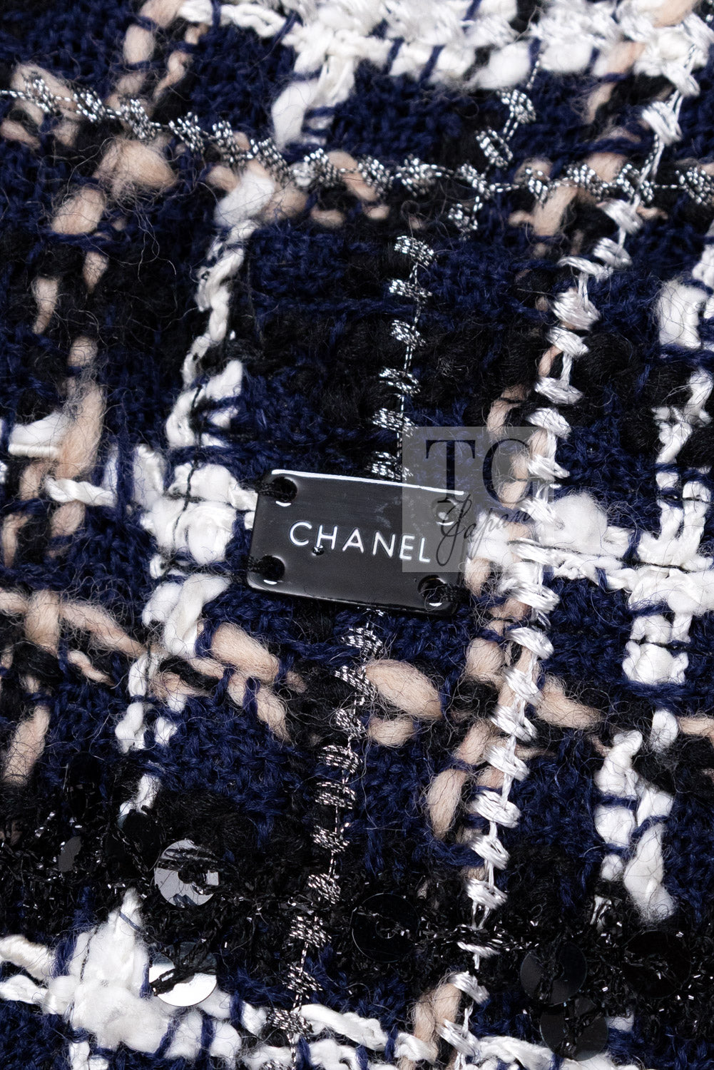 CHANEL 04A Navy Ivory Beige Sequin Tweed Jacket Coat 38 | HK