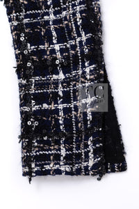 CHANEL 04A Navy Ivory Beige Sequin Tweed Jacket Coat 38 | HK