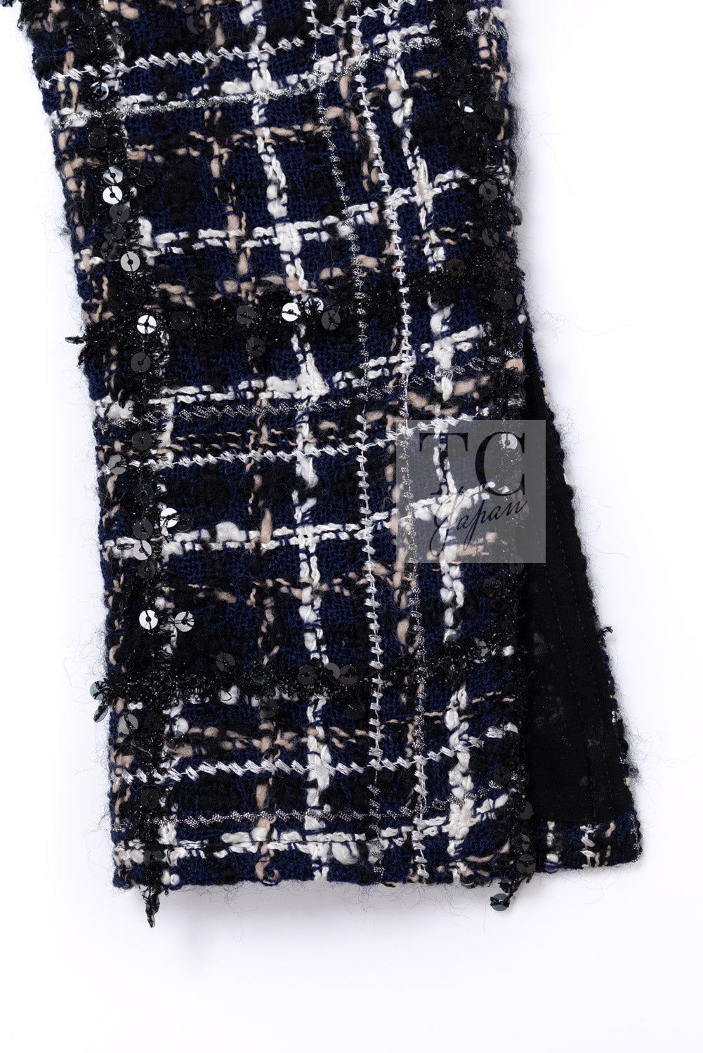 CHANEL 04A Navy Ivory Beige Sequin Tweed Jacket Coat 38 | HK