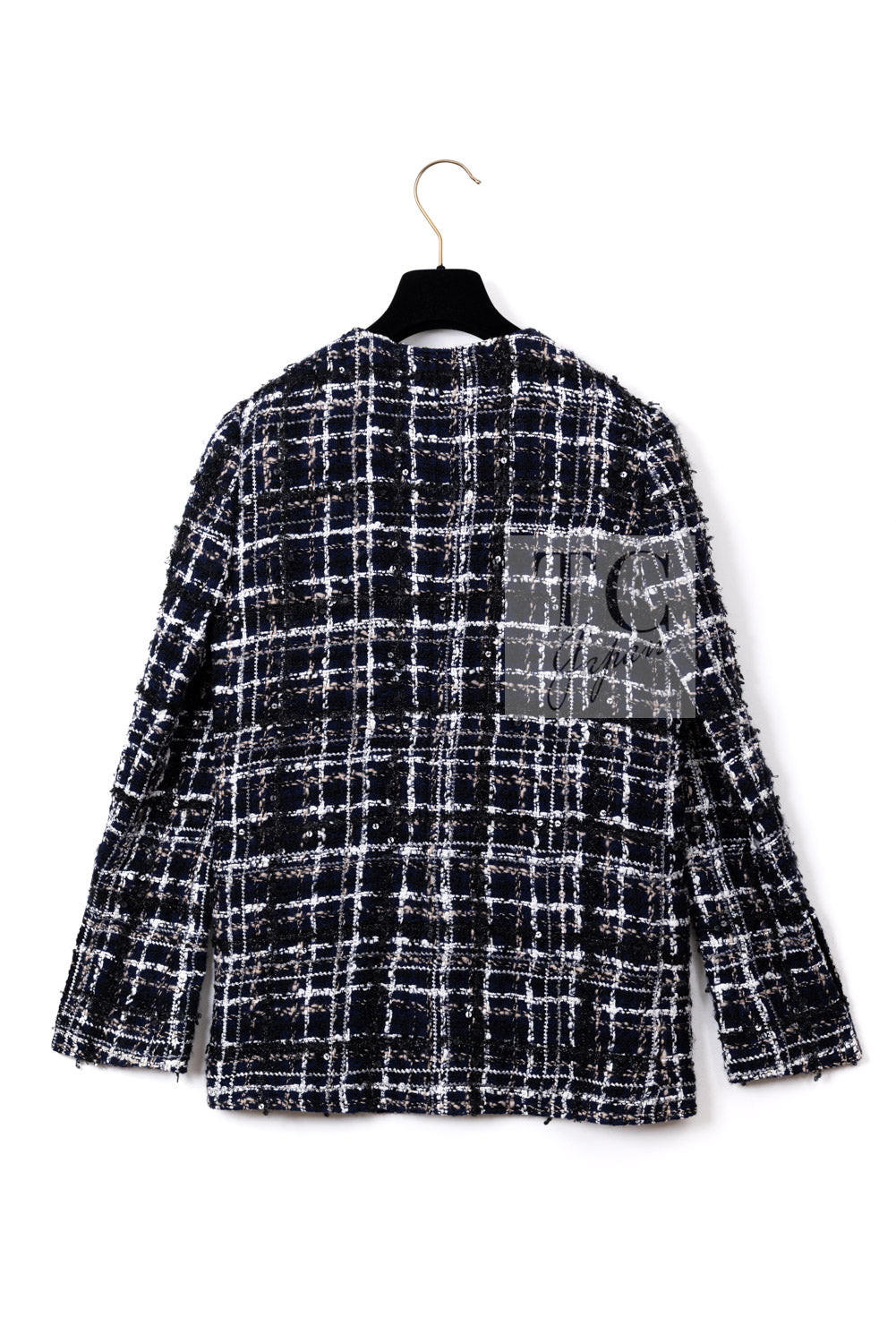 CHANEL 04A Navy Ivory Beige Sequin Tweed Jacket Coat 38 | HK