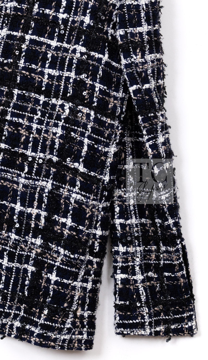 CHANEL 04A Navy Ivory Beige Sequin Tweed Jacket Coat 38 | HK