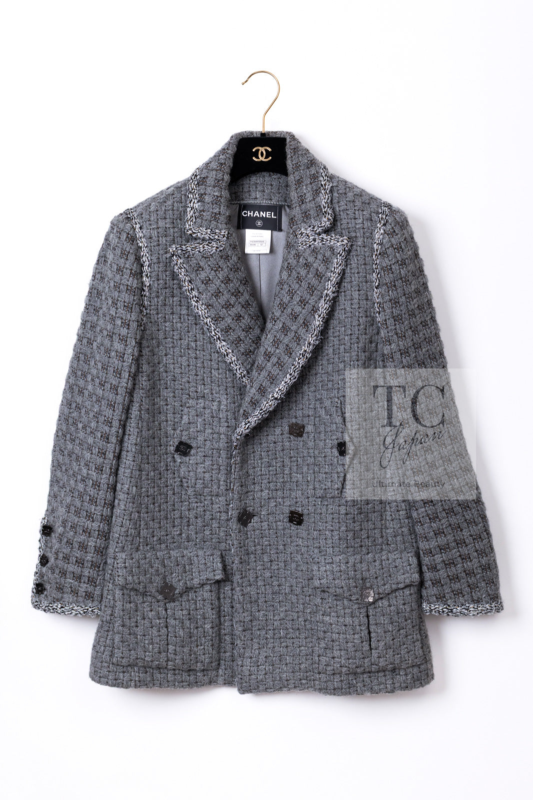 CHANEL 11A Gray Wool Double Tweed Coat Jacket HOMME 50 シャネル グレー ウール ダブル ツイード コート ジャケット メンズ 即発