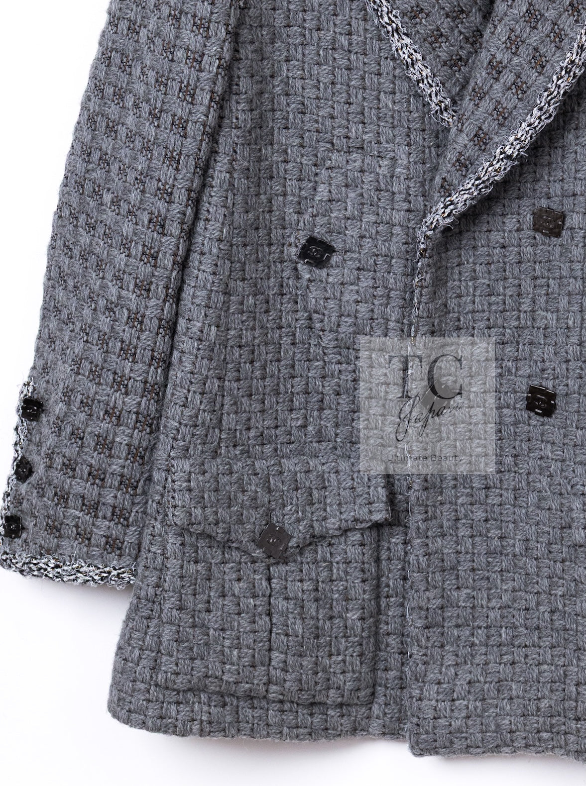 CHANEL 11A Gray Wool Double Tweed Coat Jacket HOMME 50 シャネル グレー ウール ダブル ツイード コート ジャケット メンズ 即発