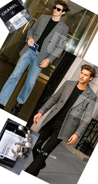 CHANEL 11A Gray Wool Double Tweed Coat Jacket HOMME 50 シャネル グレー ウール ダブル ツイード コート ジャケット メンズ 即発