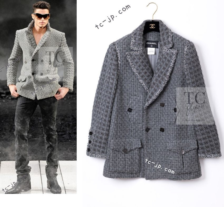CHANEL 11A Gray Wool Double Tweed Coat Jacket HOMME 50 シャネル グレー ウール ダブル ツイード コート ジャケット メンズ 即発