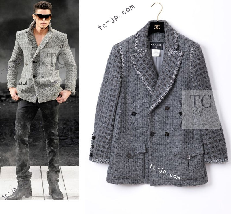 CHANEL 11A Gray Wool Double Tweed Coat Jacket HOMME 50 シャネル グレー ウール ダブル ツイード コート ジャケット メンズ 即発