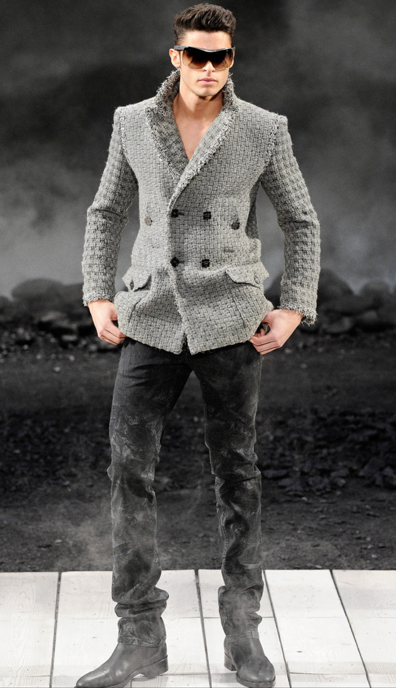 CHANEL 11A Gray Wool Double Tweed Coat Jacket HOMME 50 シャネル グレー ウール ダブル ツイード コート ジャケット メンズ 即発