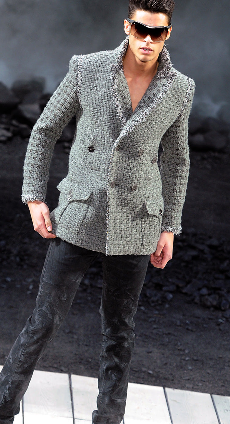 CHANEL 11A Gray Wool Double Tweed Coat Jacket HOMME 50 シャネル グレー ウール ダブル ツイード コート ジャケット メンズ 即発