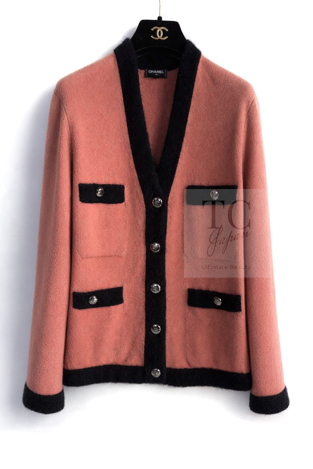 CHANEL 21B Beige Orange Black Cashmere Knit Jacket Cardigan 40 42 シャネル ベージュ オレンジ ブラック バイカラー カシミア ニット ジャケット カーディガン 即発
