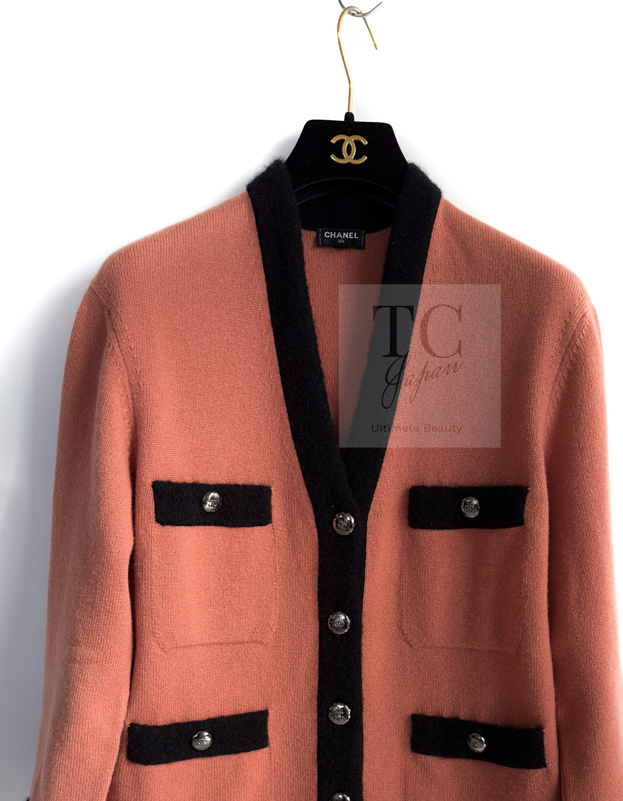 CHANEL 21B Beige Orange Black Cashmere Knit Jacket Cardigan 40 42 シャネル ベージュ オレンジ ブラック バイカラー カシミア ニット ジャケット カーディガン 即発